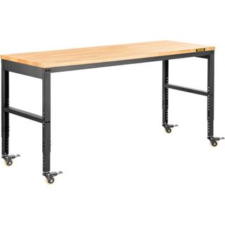 Banco de Trabajo Ajustable en Altura, 155 x 51 cm Mesa de Garaje con Alturas de 80 – 105 cm y Capacidad de 720KG, con Salidas de Energía y Superficie de Madera Dura y Estructura de Metal y Ruedas ...