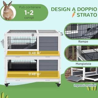 Conejera Interior de 2 Niveles de Madera, Casa para Conejos y Cobayas con Bandejas Extraíbles, Ruedas y Rampas, Gris