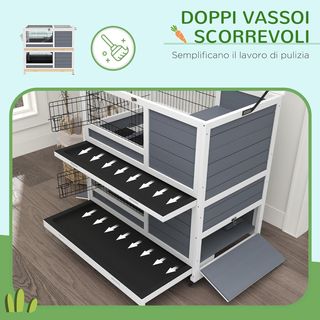 Conejera Interior de 2 Niveles de Madera, Casa para Conejos y Cobayas con Bandejas Extraíbles, Ruedas y Rampas, Gris