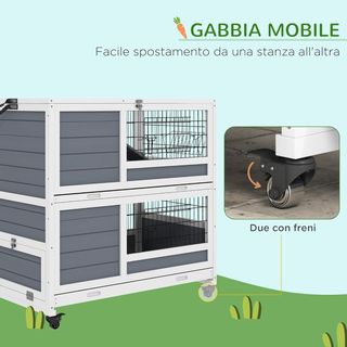 Conejera Interior de 2 Niveles de Madera, Casa para Conejos y Cobayas con Bandejas Extraíbles, Ruedas y Rampas, Gris