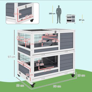 Conejera Interior de 2 Niveles de Madera, Casa para Conejos y Cobayas con Bandejas Extraíbles, Ruedas y Rampas, Gris