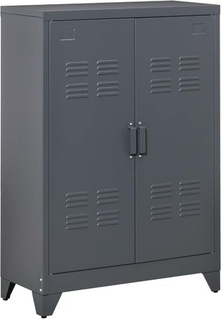 Armario de Oficina de 3 Niveles con 2 Estantes Regulables, Armario de Metal para Documentos con 2 Puertas, para Casa, Oficina y Garaje, 75X33X110Cm, Gris