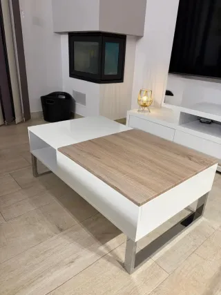Mesa comedor elevable madera y blanco