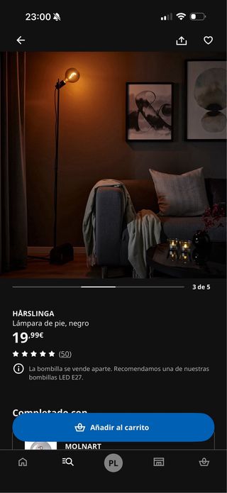 Lámpara de pie HÅRSLINGA con bombilla MOLNART Ikea