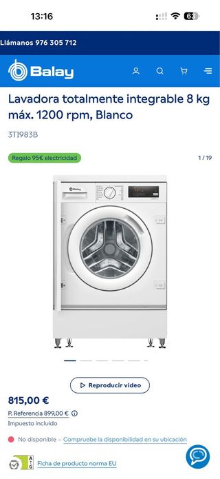 Lavadora Balay integrable 8kg 1200rpm A++ - Nueva