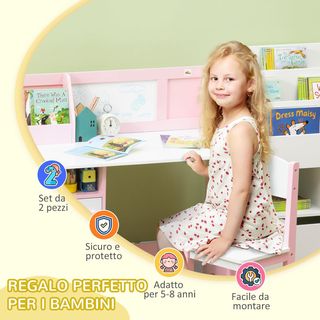 Conjunto de Mesa y Sillas para Niños de 5 a 8 Años en Madera con Banco Escolar, Conjunto de Muebles para Niños con Espacio de Almacenamiento y Pizarra Blanca y Silla, Blanco y Rosa