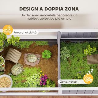 Casa para Tortugas Elevada con Divisor, Bandeja Extraíble y 2 Tapas, Tartaruguera de Madera de Abeto y PS, 104X53X82 Cm, Gris y Blanco