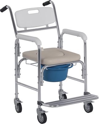 Silla de Ruedas Impermeable Con WC Asiento de Ecopiel, 4 Ruedas, Vaso Extraíble para Ancianos/Discapacitados, 84X54X96Cm