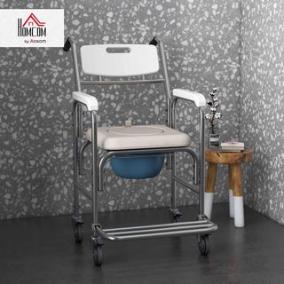 Silla de Ruedas Impermeable Con WC Asiento de Ecopiel, 4 Ruedas, Vaso Extraíble para Ancianos/Discapacitados, 84X54X96Cm