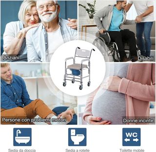 Silla de Ruedas Impermeable Con WC Asiento de Ecopiel, 4 Ruedas, Vaso Extraíble para Ancianos/Discapacitados, 84X54X96Cm