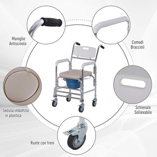 Silla de Ruedas Impermeable Con WC Asiento de Ecopiel, 4 Ruedas, Vaso Extraíble para Ancianos/Discapacitados, 84X54X96Cm