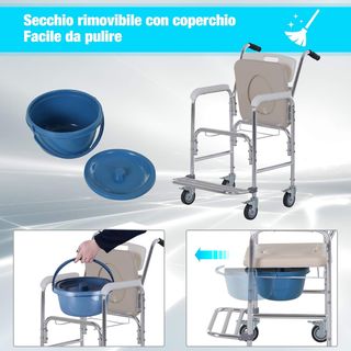 Silla de Ruedas Impermeable Con WC Asiento de Ecopiel, 4 Ruedas, Vaso Extraíble para Ancianos/Discapacitados, 84X54X96Cm
