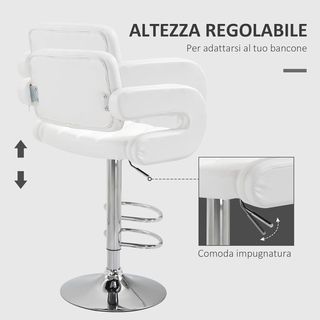 Taburete Alto de Bar con Respaldo y Apoyabrazos, Taburete de Cocina Moderno Giratorio con Altura Ajustable y Reposapiés, en Piel Sintética, 61X50X93-113Cm, Blanco