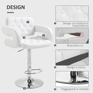 Taburete Alto de Bar con Respaldo y Apoyabrazos, Taburete de Cocina Moderno Giratorio con Altura Ajustable y Reposapiés, en Piel Sintética, 61X50X93-113Cm, Blanco