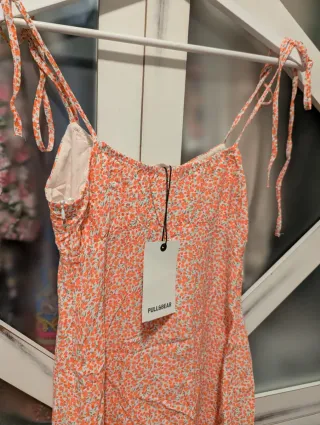 Vestido Pull&Bear Naranja Floral Tirantes Fruncido