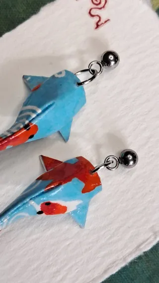 Pendientes de carpa Koi de Origami Azul y Rojo