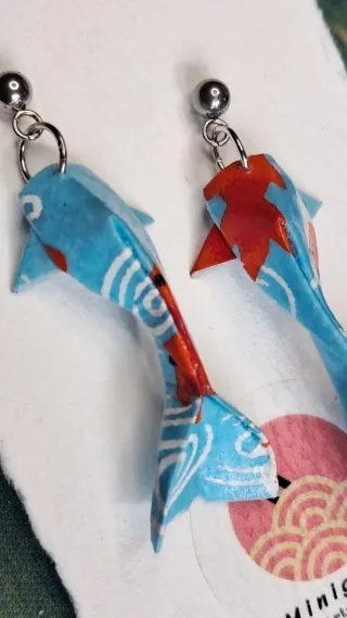 Pendientes de carpa Koi de Origami Azul y Rojo