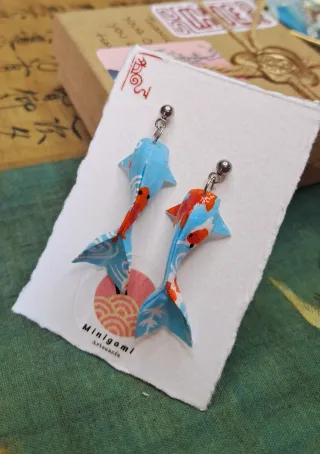 Pendientes de carpa Koi de Origami Azul y Rojo