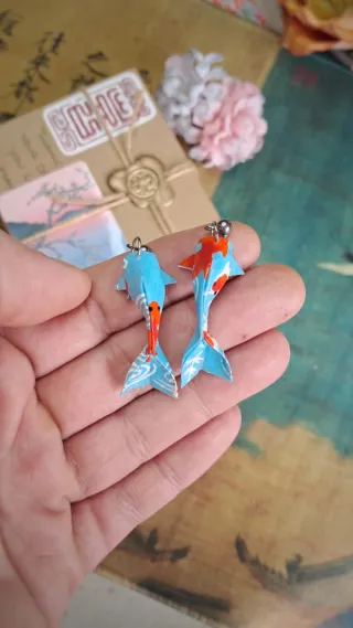 Pendientes de carpa Koi de Origami Azul y Rojo
