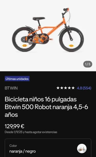 Bicicleta Btwin 500 Robot 16 Naranja