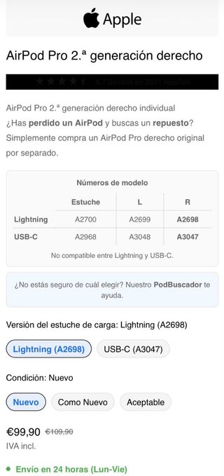 Airpods Pro 2 Destro, versione Lightning