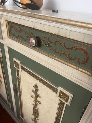 Mueble de entrada vintage dorado y verde