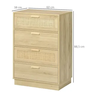 Cómoda 4 cajones madera y ratán