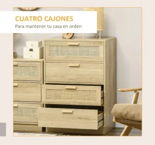 Cómoda 4 cajones madera y ratán