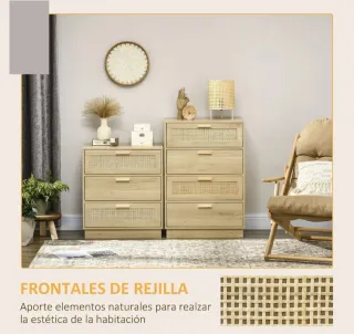 Cómoda 4 cajones madera y ratán