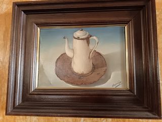 Pintura al óleo: Cafetera antigua.