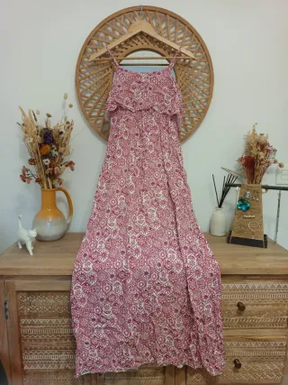 Vestido largo-midi boho floral rosa viscosa S-M