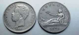 🇪🇸 Lote: 2 Monedas de Plata de 5 Pesetas 1870-71
