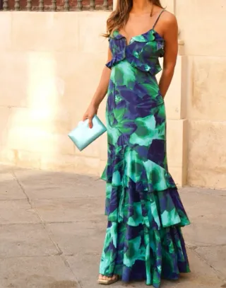 Vestido largo evento azul y verde