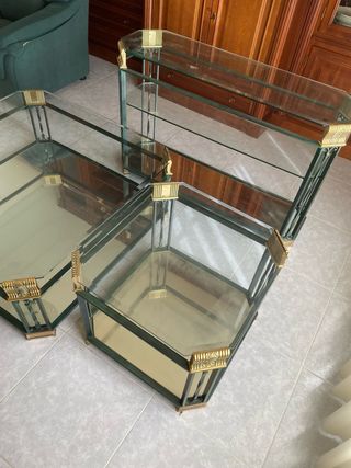 Juego 3 mesas de metal y dorado