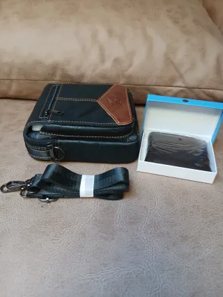 Bandolera y Billetera Cuero Negro/Marrón