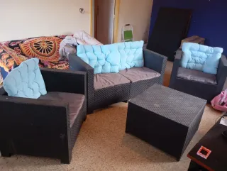 Conjunto Muebles Jardín Ratán Negro y Azul