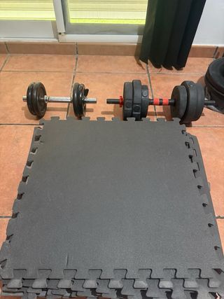 Gym completo: 106 kg en discos+barras+suelo+soport