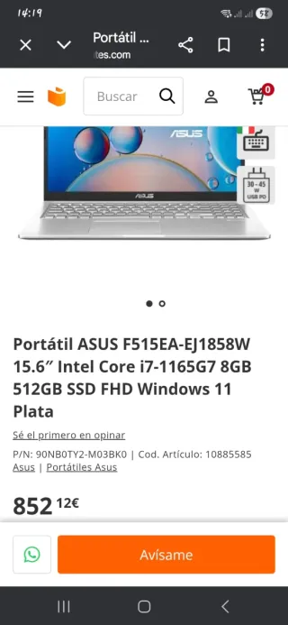 Asus F515EA i7 1165G7 16GB RAM 512GB SSD Plata