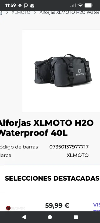 Alforjas Nuevas XLMOTO H2O Waterproof 40L Negras