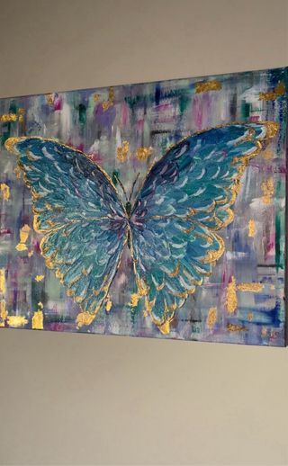 Cuadro Mariposa Azul y dorado en acrilicos