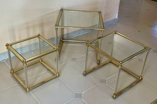 Juego 3 mesas nido cristal y metal dorado