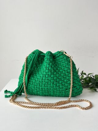 Borsa/Pochette Secchiello Intrecciata Verde e Oro