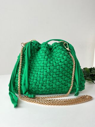 Borsa/Pochette Secchiello Intrecciata Verde e Oro
