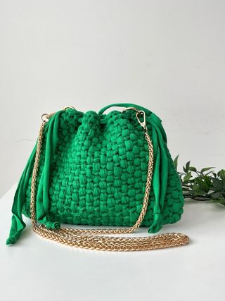 Borsa/Pochette Secchiello Intrecciata Verde e Oro