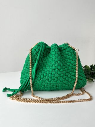 Borsa/Pochette Secchiello Intrecciata Verde e Oro