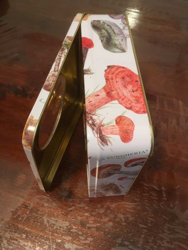 Scatola in latta decorata con funghi