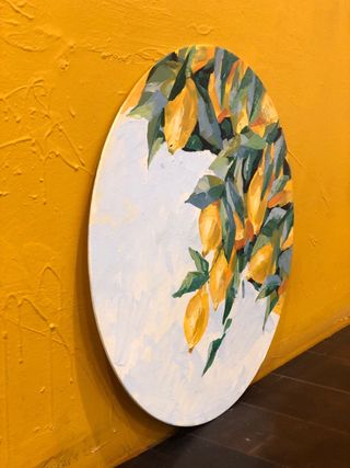 Cuadro redondo con limones, hecho a mano