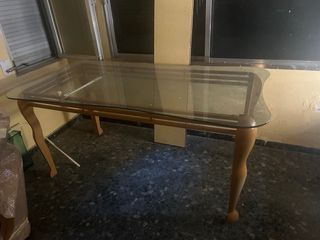 Mesa de comedor cristal y madera 90x 170x 76