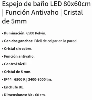 Espejo Baño LED Ovalado 60x80cm No hago envíos
