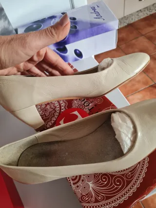 Zapatos para Flamenca Beige con tacón bajo.
